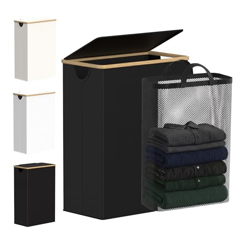 efluky Slim Laundry Basket with Lid, Narrow Laundry Hamper with Removable Bag, Skinny Dirty Clothes Basket with Bamboo Handles for Bathroom, Bedroom & Laundry Room, 65L Black - color: Black, size: 65L
