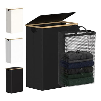 efluky Slim Laundry Basket with Lid, Narrow Laundry Hamper with Removable Bag, Skinny Dirty Clothes Basket with Bamboo Handles for Bathroom, Bedroom & Laundry Room, 65L Black - color: Black, size: 65L