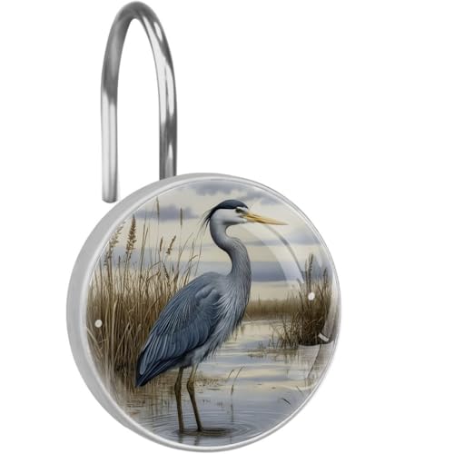 Crystal Glass Shower Curtain Hooks Set of 12, Rustproof Shower Curtain Rings for Bathroom, Retro Heron Decorative Shower Curtain Hangers for Shower Curtain Rod, Bedroom - color: Retro Heron