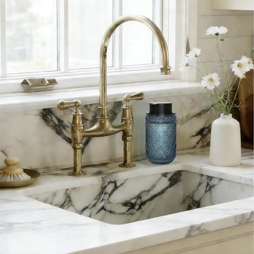 13.5 oz Glass Soap Dispenser, Luxurious Floral Embossed Glass Bathroom Countertop Foaming Pump for Kitchen Vanity (Blue) - color: Blue