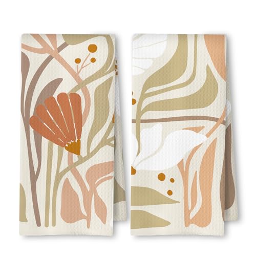 Abstract Boho Beige and White Floral Kitchen Towels Set of 2, 70s Retro Groovy Botanical Dish Tea Towels for Kitchen Decor, Mid Century Modern Hand Towels for Bathroom Decor, 16x24 Inch - color: Boho Beige and White