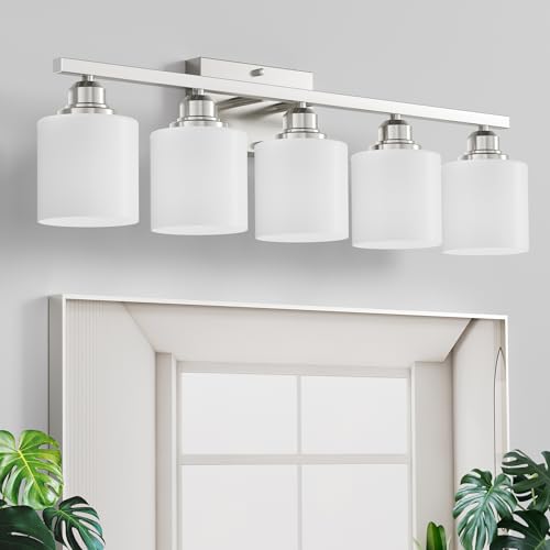 5-Light Bathroom Light Fixture, Brushed Nickel Vanity Lights Over Mirror, Anti-Rust, White Glass Shades, E26 Base, Bulb Not Included - color: Brushed Nickel-5 Light