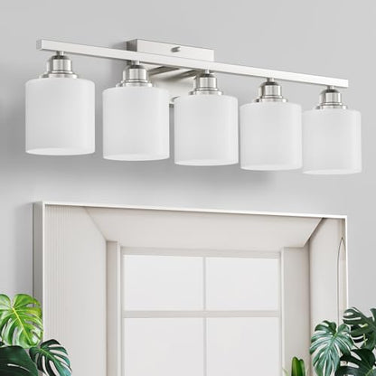 5-Light Bathroom Light Fixture, Brushed Nickel Vanity Lights Over Mirror, Anti-Rust, White Glass Shades, E26 Base, Bulb Not Included - color: Brushed Nickel-5 Light