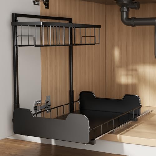PureBox Under Sink Organizer, 2-Tier L-Shaped Pull Out Cabinet Shelf with 2 Installation Methods, Adjustable Sliding Storage Drawer for Kitchen, Bathroom, Laundry, Metal, Black - size: 1 Pack