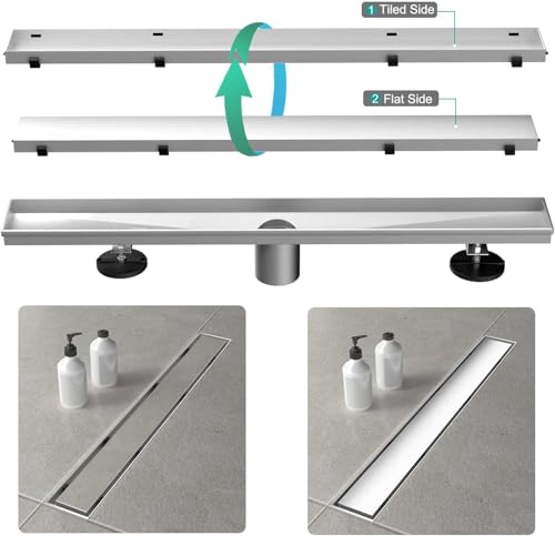 ELLO&ALLO 28 Inch Linear Shower Drain Brushed Nickel, SUS304 Stainless Steel Rectangle Shower Floor Drain with 2-in-1 Flat & Tile Insert Cover - color: Brushed Nickel, size: 28 In Tile insert Cover