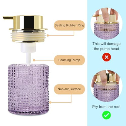 Foaming Soap Dispenser, Purple Glass Foam Soap Dispenser with Gold Pump, Refillable 10oz Lotion Liquid Container Pump Bottle for Bathroom Kitchen Countertop - color: Purple