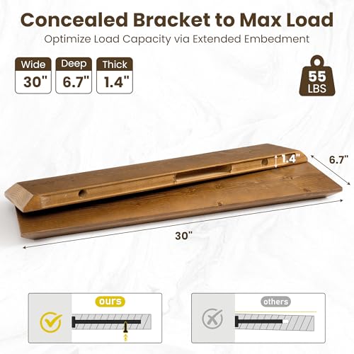 Acovy 30in Solid Spruce Wood Floating Shelves with Beveled Bottom Edges, Wooden Floating Shelf with Heavy-Duty Bracket for Living Room Bathroom Bedroom Kitchen, Rustic Light Brown, Set of 2 - color: Rustic Light Brown, size: 30"-2 Packs