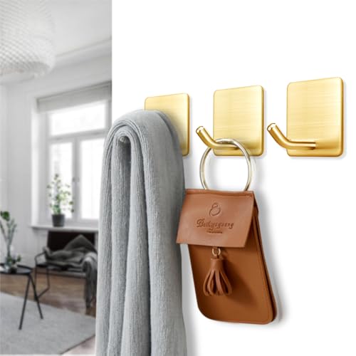 Golden Stainless Steel Square Self Adhesive Hooks - Extra-Long Anti-Slip with Upgraded Adhesive, Holds 15lb Heavy Duty Wall Hooks for Kitchen, Bathroom, Garage -4 Packs - color: Gold