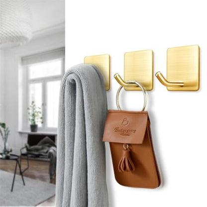Golden Stainless Steel Square Self Adhesive Hooks - Extra-Long Anti-Slip with Upgraded Adhesive, Holds 15lb Heavy Duty Wall Hooks for Kitchen, Bathroom, Garage -4 Packs - color: Gold