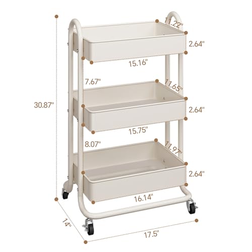 MIOCASA 3-Tier Metal Utility Rolling Cart, Heavy Duty Multifunction Cart with Lockable Casters, Easy to Assemble, Suitable for Office, Bathroom, Kitchen, Garden - style: White