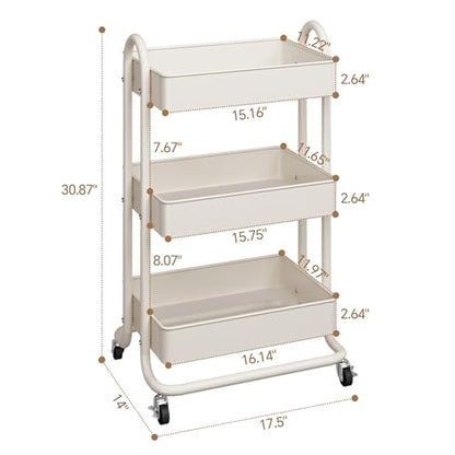 MIOCASA 3-Tier Metal Utility Rolling Cart, Heavy Duty Multifunction Cart with Lockable Casters, Easy to Assemble, Suitable for Office, Bathroom, Kitchen, Garden - style: White