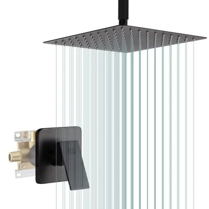 Matte Black Shower Faucet Set, Bathroom Rainfall Shower System with Stainless Steel Metal Showerhead, Single Function Shower Trim Kit with Rough-in Valve - color: Black, size: 10 Inch (Ceiling Mount)