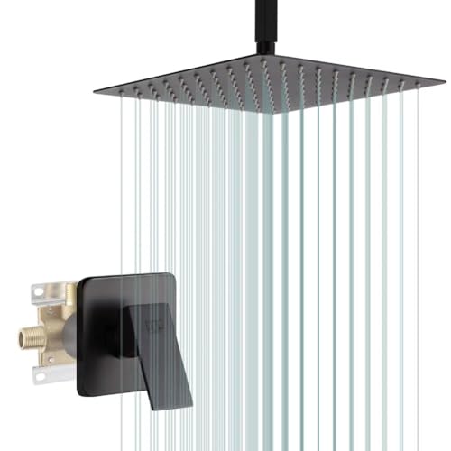 Matte Black Shower Faucet Set, Bathroom Rainfall Shower System with Stainless Steel Metal Showerhead, Single Function Shower Trim Kit with Rough-in Valve - color: Black, size: 10 Inch (Ceiling Mount)