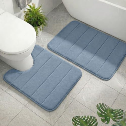 2 Piece Memory Foam Bath Mat Set, Extra Soft Absorbent Bathroom Rugs with U-Shaped Toilet Rug, Non-Slip Backing, Machine Washable, 24x16 + 20x20 U-Shaped, Dusty Blue - color: Dusty Blue