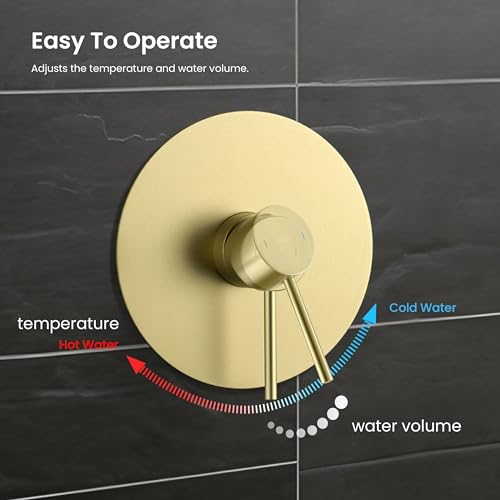 KIBI Circular Wall Mounted Rain Shower Column | 2-Function Shower Faucet System with Rough-In Valve | Solid Brass Construction for Reliable Water Flow and Temperature Control (Brushed Gold, KSC403) - color: Brushed Gold