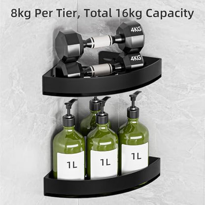 Wisfame Black Corner Shower Caddy, Triangle Shower Shelf No Drilling, Metal | Rustproof Aluminium, Adhesive & Drill Installation, Wall Mounted, 2 Pack, Bathroom Shampoo Holder for Toiletries