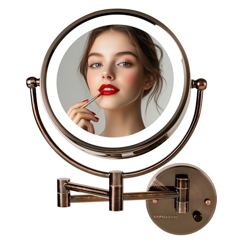 OVENTE Hardwired Wallmount Bathroom Mirror, Antique Brass MPWD3185AB1X7X | 9" Double Sided Lighted Makeup Mirror with 1X/7X Magnification, Dimmable LED Lights, 360° Rotation, Extendable Folding Arm - color: Antique Bronze, size: 8.6"L x 8.6"W