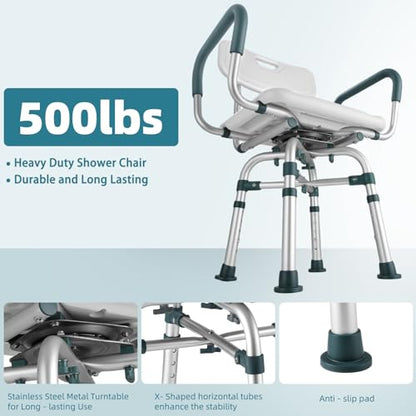 Swive Shower Chair with Arms and Back, 500 lbs Heavy Duty Shower Seat for Inside Shower Stall and Bathtub, Height Adjustable Safety Bath Seat for Elderly, Adults, Handicap and Disabled - size: 500lbs Heavy Duty Shower Chair