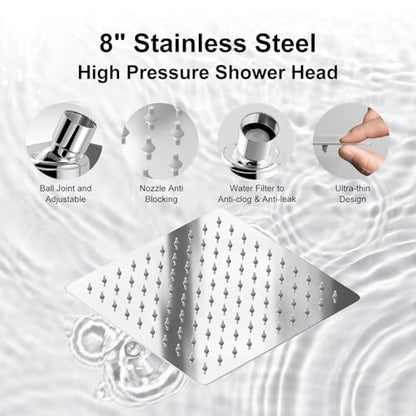 Shower Head with Handheld Spray, 8" High Pressure Rain Shower Head Combo with Adjustable Extension Arm, 5 Spray Modes Dual Showerhead Set, Detachable Handheld Shower, 304 Stainless Steel, Chrome