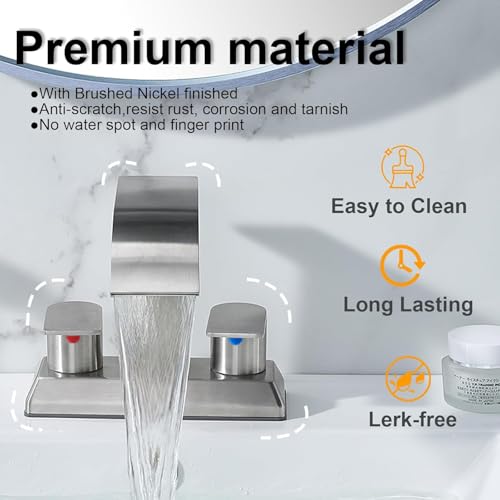 IKEBANA Brushed Nickel Waterfall Bathroom Faucet,2 Handle Stainless Steel 4 inch Bathroom Sink Faucet Modern Waterfall Spout Faucets Lead-Free Faucets with Supply Hoses and Pop-up Drain, IK-ZT2317L - color: Brushed Nickel