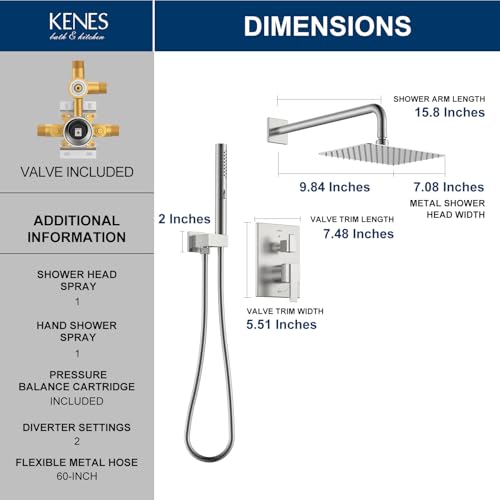 KENES Brushed Nickel Square Rain Shower System Faucet Set with Handheld | Shower Faucet with 10-Inch Rain Shower Head, Square Shower System, Valve Included, Lead-Free cUPC & NSF Certified, Stainless - color: Brushed Nickel, style: Showerhead and Handheld
