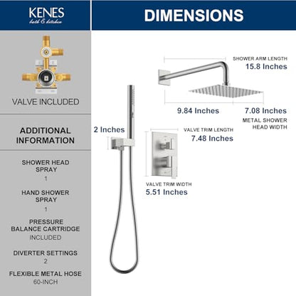 KENES Brushed Nickel Square Rain Shower System Faucet Set with Handheld | Shower Faucet with 10-Inch Rain Shower Head, Square Shower System, Valve Included, Lead-Free cUPC & NSF Certified, Stainless - color: Brushed Nickel, style: Showerhead and Handheld