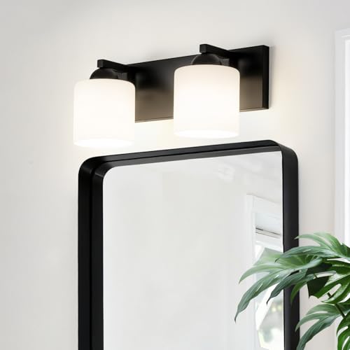 mirrea 2-Light Black Bathroom Vanity Light with White Glass Shades | Over Mirror,Wall Sconce,ETL listed,Bathroom Lighting Fixtures,Elegant Design,Milk White Glass Shade,Easy Installation - color: Black, size: 2-light