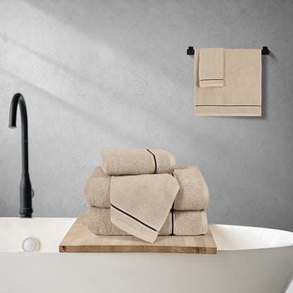 MyOwn Ultra Soft 6 Pack Cotton Towel Set, Contains 2 Bath Towels 28x55 inch, 2 Hand Towels 16x24 inch & 2 Wash Coths 12x12 inch, Ideal Everyday use, Compact & Lightweight - Tan - color: Tan, size: 6 Piece Set