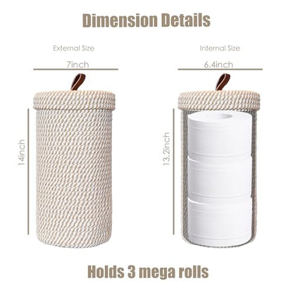 Toilet Paper Holder Handmade – Woven Cotton Toilet Paper Stand & Storage Basket with Lid, Freestanding Organizer for Bathroom, Fits 3 Mega Rolls Gradient Brown 14'' x 7'' - color: Cream Brown