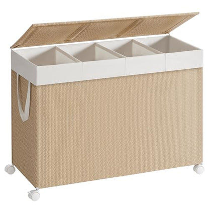 SONGMICS HOME Laundry Hamper with 4 Section, 180 L, Rattan, with Wheels | Rolling Clothes Basket with Lid, Removable Liner with Handles, Tan and White, PEZZO Collection ULCB603N01 - color: Natural Beige + Matte White, size: 180 L