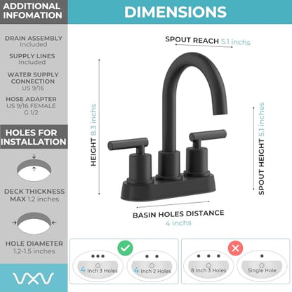 VXV Bathroom Sink Faucet 4 Inch 2 Handle Centerset Utility Lavatory Vanity Modern 360 Rotating Black Water Faucet with Pop-up Drain Stopper Assembly and Supply Lines Fits 2 Hole - color: Matte Black