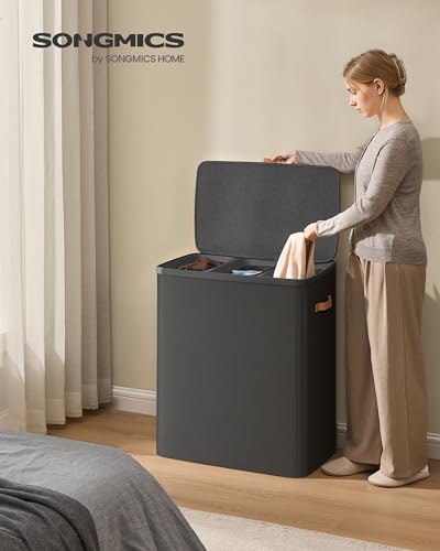SONGMICS Laundry Basket, 50.2 Gal. Laundry Hamper, 3 Compartments, Easy Assembly, with Lid and Handles, Removable Liners, 25.2 x 15.7 x 29.5 Inches, Ink Black ULCB814BH01 - color: Ink Black, size: 190 L (3-Section)