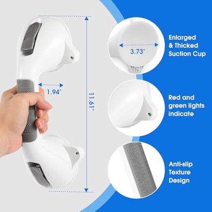 Suction Grab Bar with Safety Indicator for Bathtub Shower Bathroom, Heavy Duty Handrail Removable Reusable for Elderly Disabled and Kids, Anti-Slip Grip, No Drilling Tool Free, Waterproof Grey - size: 12'' 1 Pack