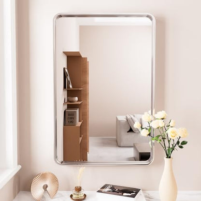 JISOSO Brushed Nickel Bathroom Mirror, 22x30 Inch Thick Silver Metal Rectangle Frame Wall Mirror, Modern Round Corner Bathroom Vanity Mirror for Over Sink, Bedroom, Living Room, Entryway | Silver Metal Frame, Anti-Rust, Shatter Proof, Hangs Horizontally o