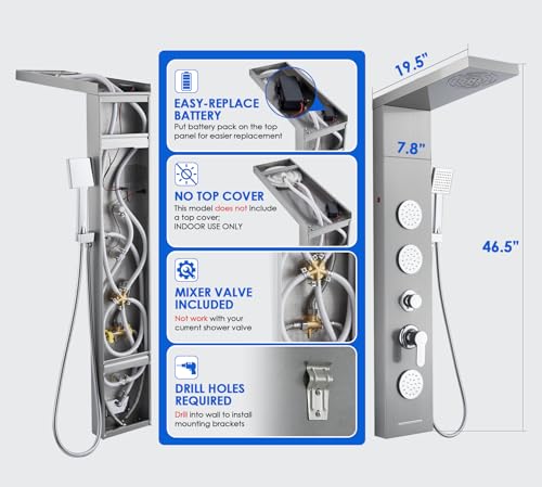 ROVOGO LED Shower Panel Tower System with Lights, 5 Shower Modes, 46.5 Inch | Rainfall Mist Shower Head, 3 Body Jets, Handheld, Waterfall Tub Spout, Stainless Steel Shower Column W/ Mixing Valve, Brushed - style: 46.5" Brushed