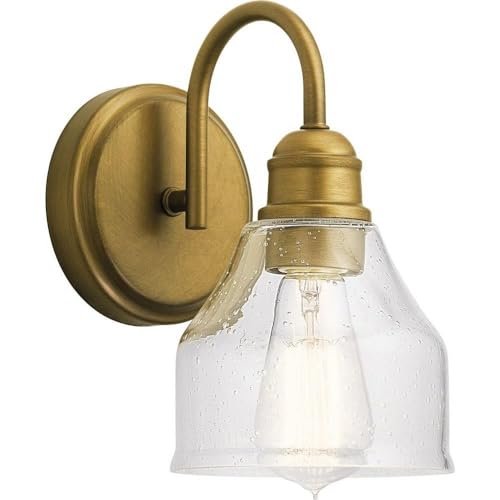 KICHLER Avery 5.5" Wall Sconce Industrial 1 Light Wall Fixture with Clear Seeded Glass in Natural Brass, for Bathroom, Bedroom or Hallway (8.25" x 5.5" x 9.5") 45971NBR - color: Natural Brass, size: 1-Light