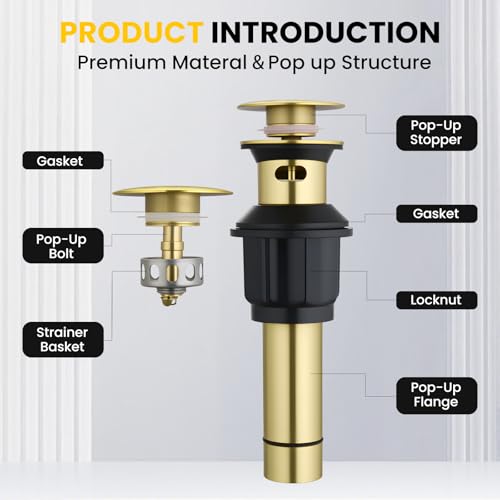 Pop up Bathroom Sink Drain with Overflow, Removable Stainless Steel Hair Catcher, Fits 1.5-1.75", Brushed Gold Stainless Steel Bathroom Sink Stopper for Vanity Vessel Sink Drain Stopper - color: Brushed Gold, style: Big Popup Cap