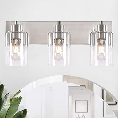 3-Light Bathroom Vanity Light Fixtures,Modern Wall Sconces,Bathroom Lights Over Mirror,Wall Mounted Lamp for Kitchen Living Room Bedroom Hallway,Brushed Nickel Finish with Clear Glass Shade | Brushed Nickel Metal Frame,Up/Down Wall Mount,cylinder Glass Sh
