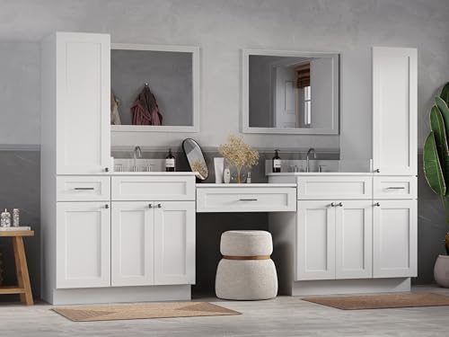 108" Double Sink Bathroom Vanity with Makeup Desk and Dual Linen Storage Towers, 3 Drawers, Carrara Quartz Top and Ceramic Sinks, Solid Wood Frame, 108" x 22" x 72" (White) - color: White