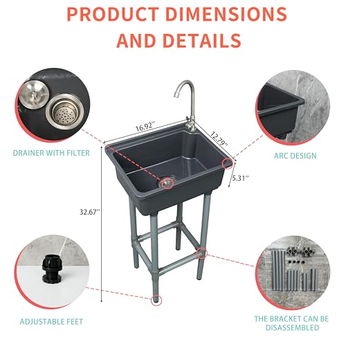 Freestanding Single Bowl Utility Sink, Kitchen Wall-Mounted Sink 16.9 x 12.8 Inch laundry tub With 1.26 faucet hole Plastic Sinks for Home Restaurant Dorm Garage Bathroom,Laundry slop sink (grey) - color: Gray