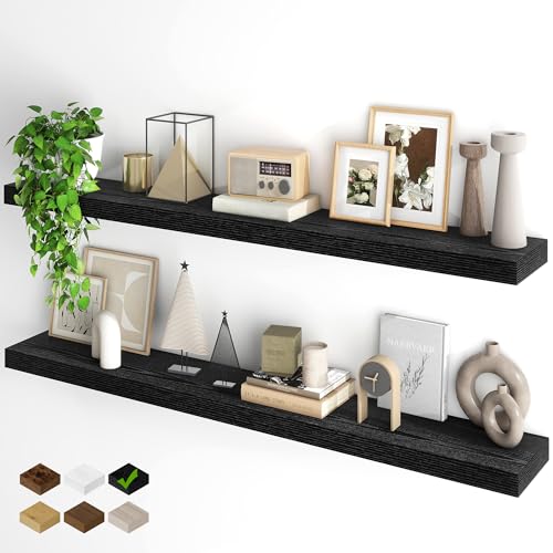 Fun Memories Floating Shelves for Wall, 55Inch Floating Shelves Set of 2, Hanging Shelf with Invisible Brackets, Wood Shelves for Living Room, Bedroom, Kitchen, Black - color: Black, size: 55"W x 6.5"D