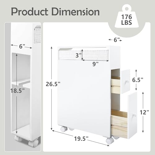 Jerry & Maggie Bathroom Storage Cabinet Movable freestanding Toilet Organizer with Multi Tier Shelves Drawers and Toilet Paper Rack Space Saver for Home Bathroom or Living Room Storage