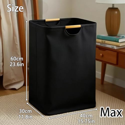 Collapsible Laundry Hamper Bag with Wooden Handles - 72L/19 Gallon Large Capacity Waterproof Oxford Cloth Storage Basket, Freestanding No Wire Frame, for Dorm Room, Bedroom, Bathroom (Max-Black) - size: Max-Black