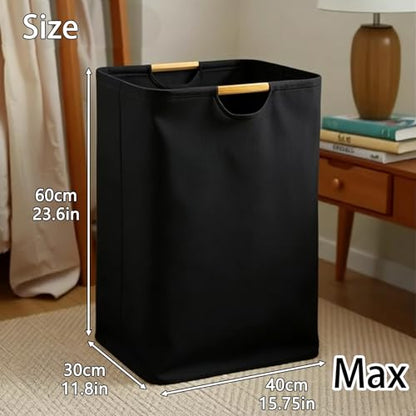 Collapsible Laundry Hamper Bag with Wooden Handles - 72L/19 Gallon Large Capacity Waterproof Oxford Cloth Storage Basket, Freestanding No Wire Frame, for Dorm Room, Bedroom, Bathroom (Max-Black) - size: Max-Black