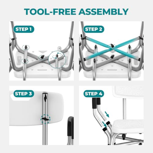 Shower Chair for Inside Shower with Arms & Back, 550 lbs, 6 Heights | Dual Crossbar Frame, Non-Slip Feet, 22-Inch EVA-Cushioned Seat, Showerhead Holder, Rust-Resistant Aluminum, Tool-Free Setup - color: White