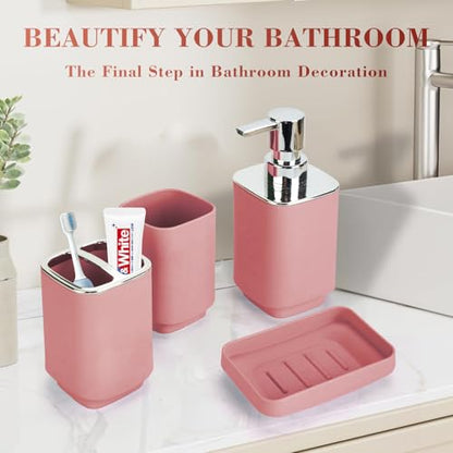 4Pcs Pink Bathroom Set, Square Boho Soap & Toothbrush Holder Set | Thick shatterproof ABS, electroplated rust-proof pump, drip-free, multi-slot holder, dustproof lids, easy-clean - color: Pink, size: 4PCS