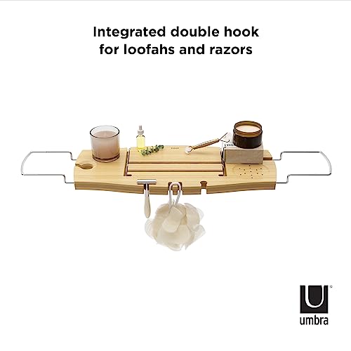 Umbra Aquala Bath Caddy, Extendable Bathtub Tray with Phone Holder, Natural | Bamboo, non-slip silicone arms, fits most tubs, waterproof, holds book and wine glass - color: Natural