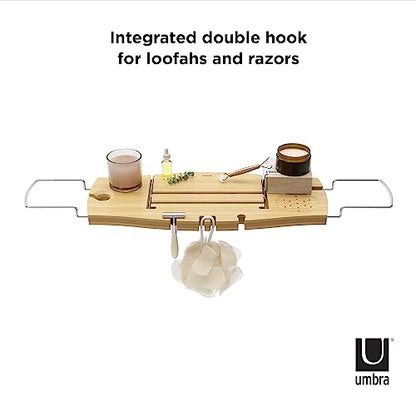 Umbra Aquala Bath Caddy, Extendable Bathtub Tray with Phone Holder, Natural | Bamboo, non-slip silicone arms, fits most tubs, waterproof, holds book and wine glass - color: Natural