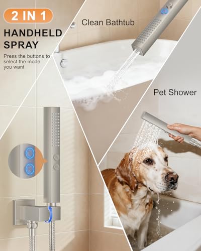 Brushed Nickel Shower System with Tub Spout, Wall Mounted Bathtub Shower Faucet Set, 12" Rainfall Shower Head and Handheld Shower Combo, High Pressure Shower Fixtures Set with Rough-in Valve - color: Brushed Nickel, style: 12" Wall Mounted Shower System w