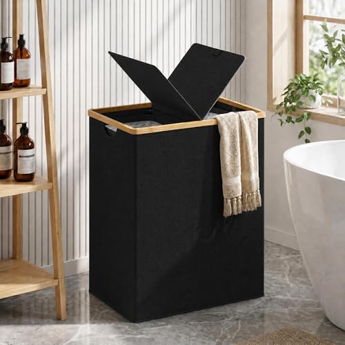 efluky Laundry Hamper with Lid, Double Laundry Basket with 2 Removable Bags, 2 Section Laundry Bin with Bamboo Handles for Bathroom, Bedroom & Laundry Room, 170L (44.9 Gallon) Black - color: Black, size: 170L Dual
